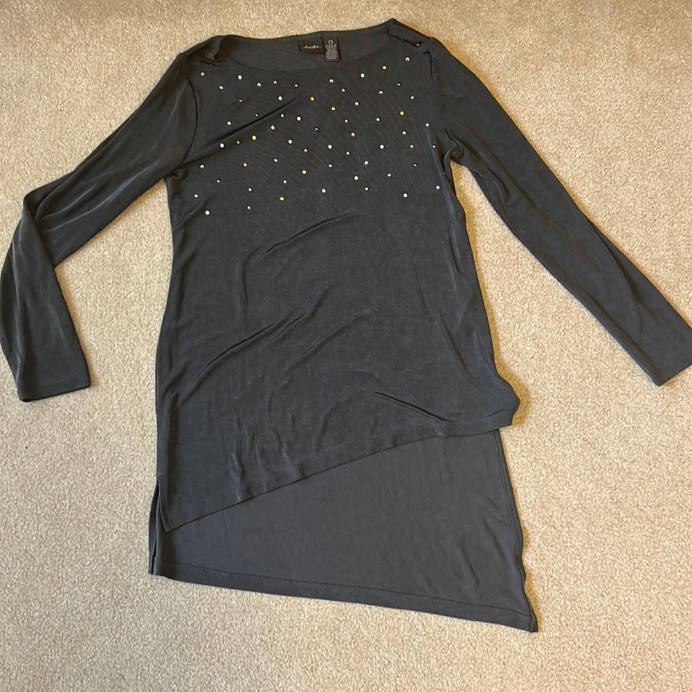 Gray Chico’s top with multicolor beads on the front
